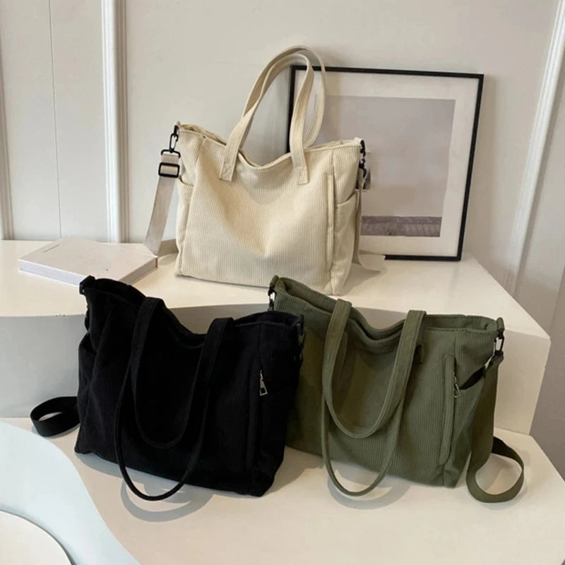 Corduroy Striped Shoulder Tote Bag