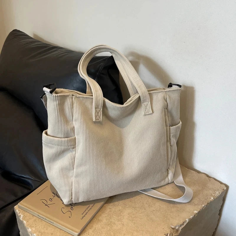 Corduroy Striped Shoulder Tote Bag