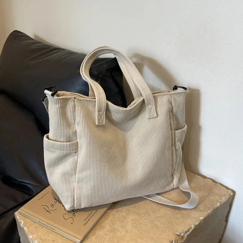 Corduroy Striped Shoulder Tote Bag