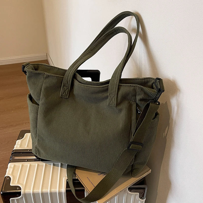 Corduroy Striped Shoulder Tote Bag