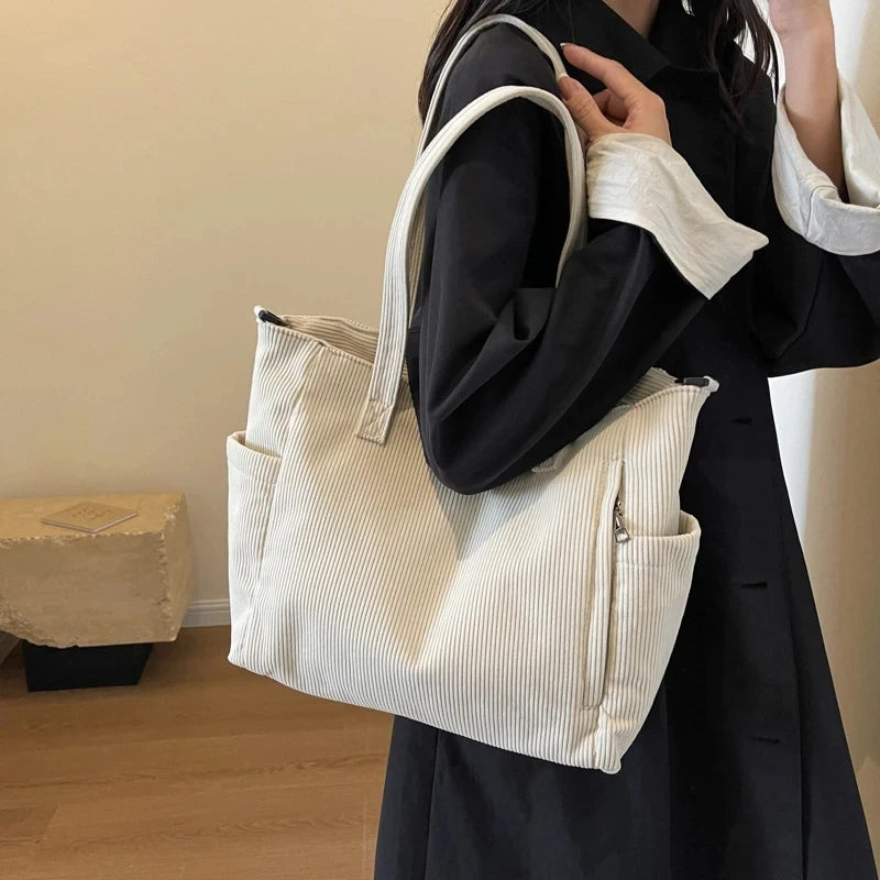 Corduroy Striped Shoulder Tote Bag