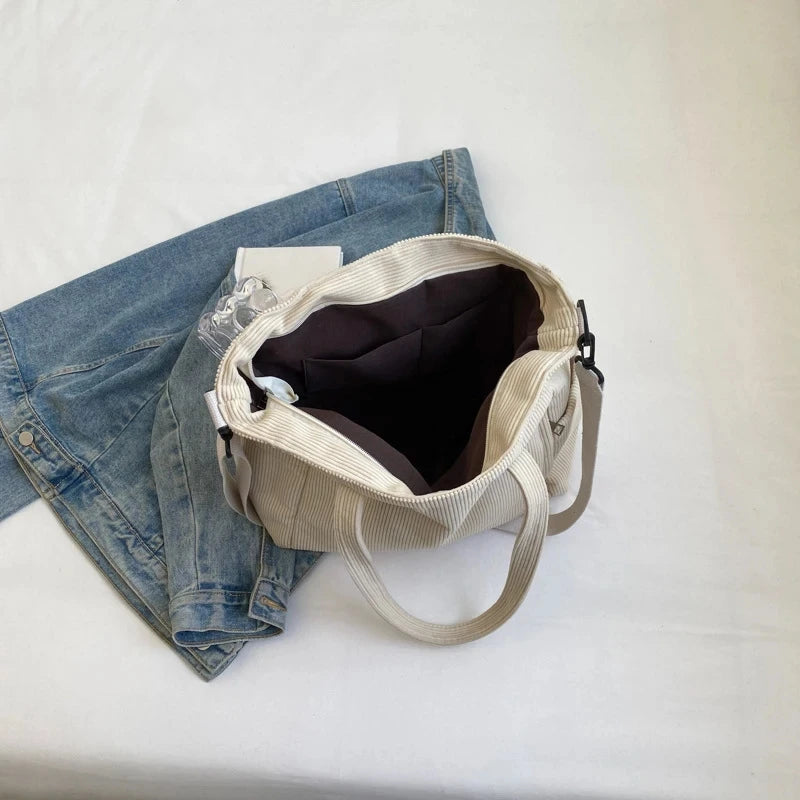 Corduroy Striped Shoulder Tote Bag