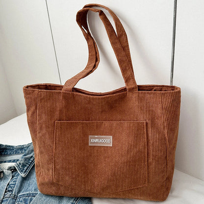Corduroy Tote Bag with Pockets