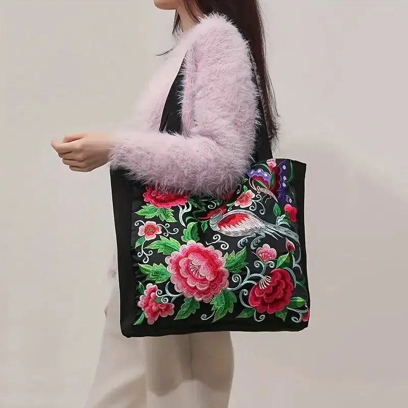 Flower Embroidery Canvas Tote Bag