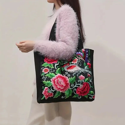 Flower Embroidery Canvas Tote Bag