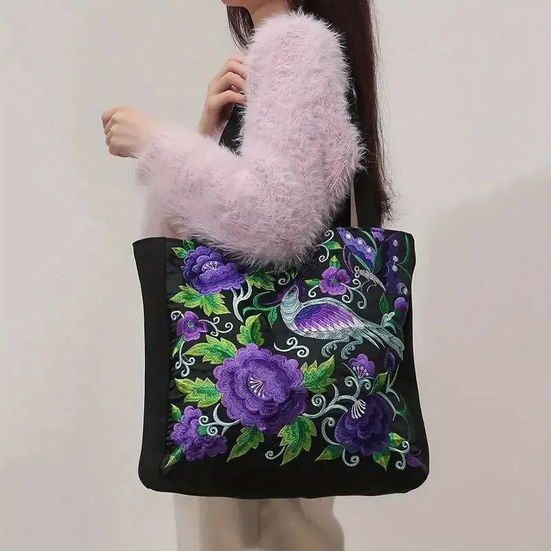 Flower Embroidery Canvas Tote Bag