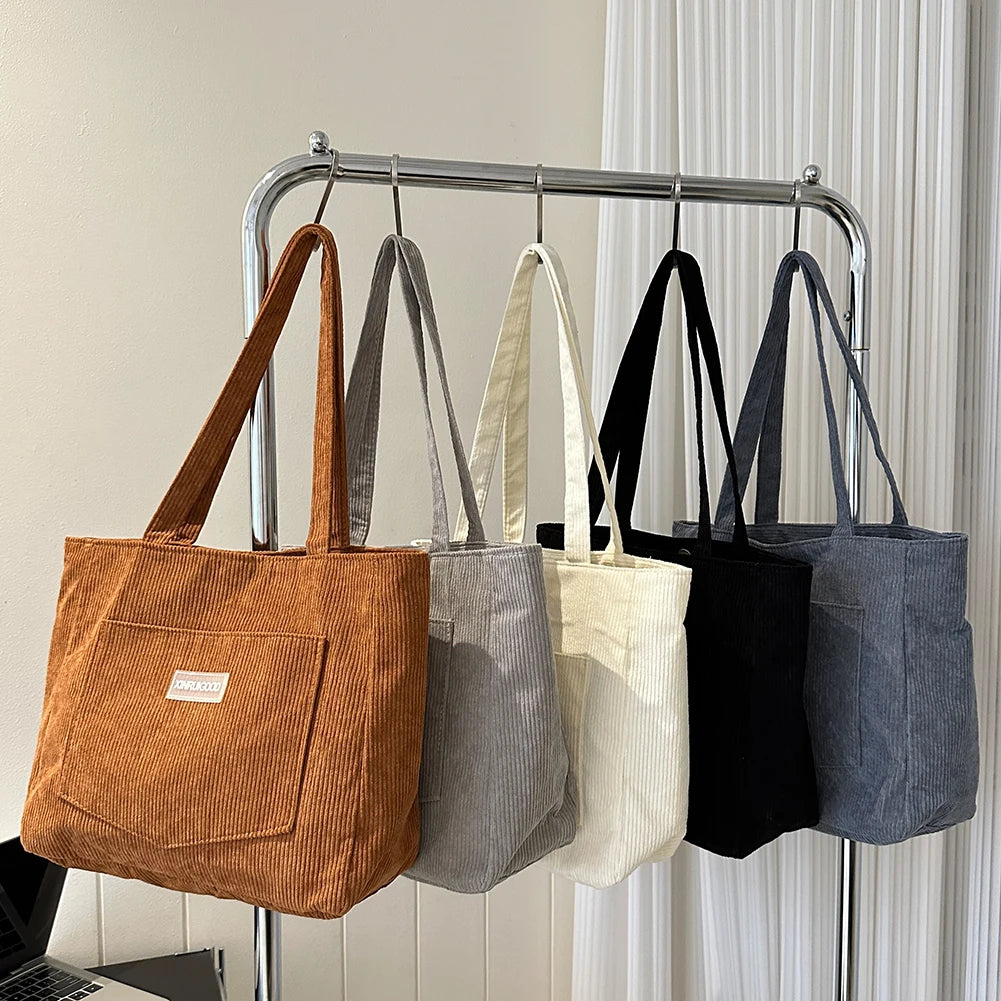 Corduroy Tote Bag with Pockets