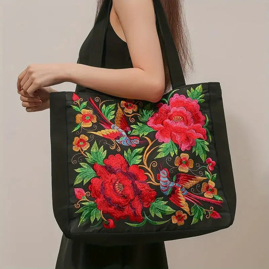 Flower Embroidery Canvas Tote Bag