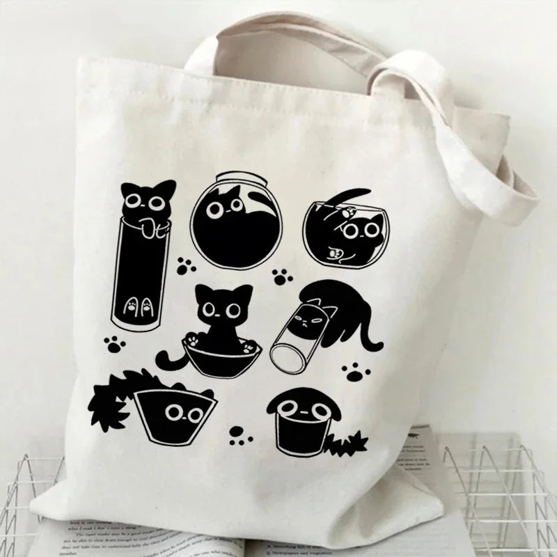 Kawaii Black Cat Graphic Tote Bag
