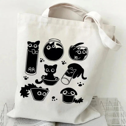 Kawaii Black Cat Graphic Tote Bag