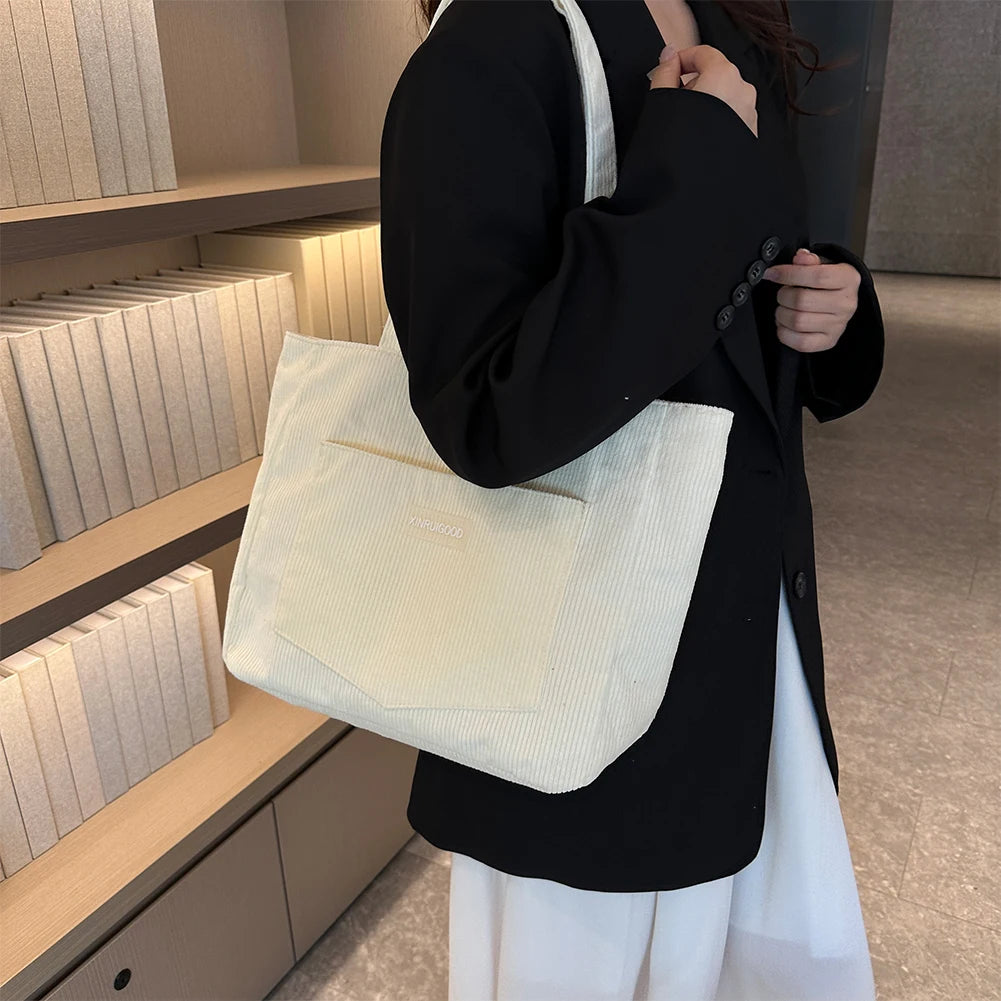 Corduroy Tote Bag with Pockets