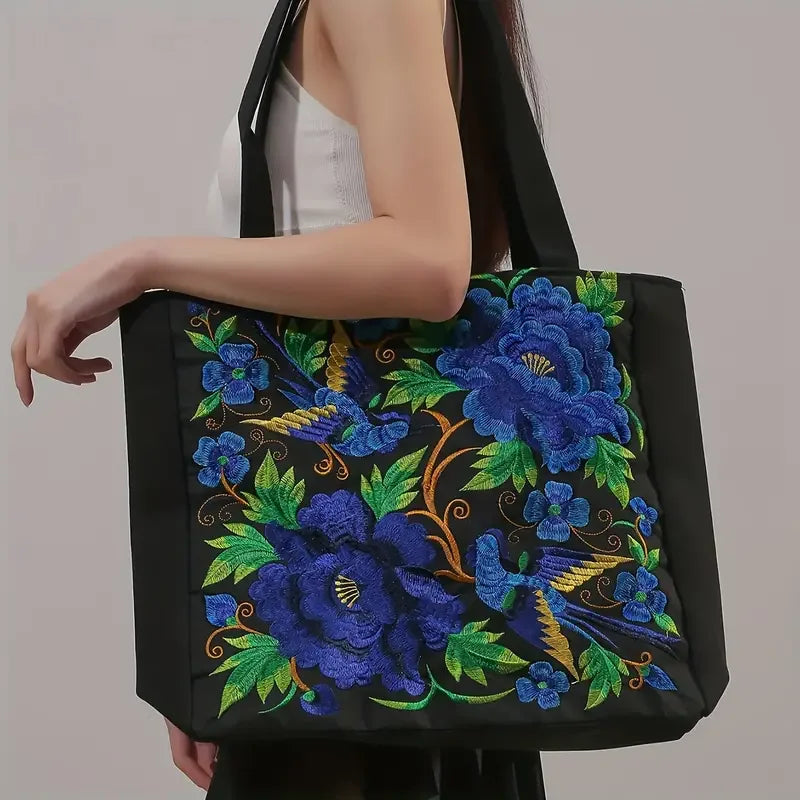 Flower Embroidery Canvas Tote Bag