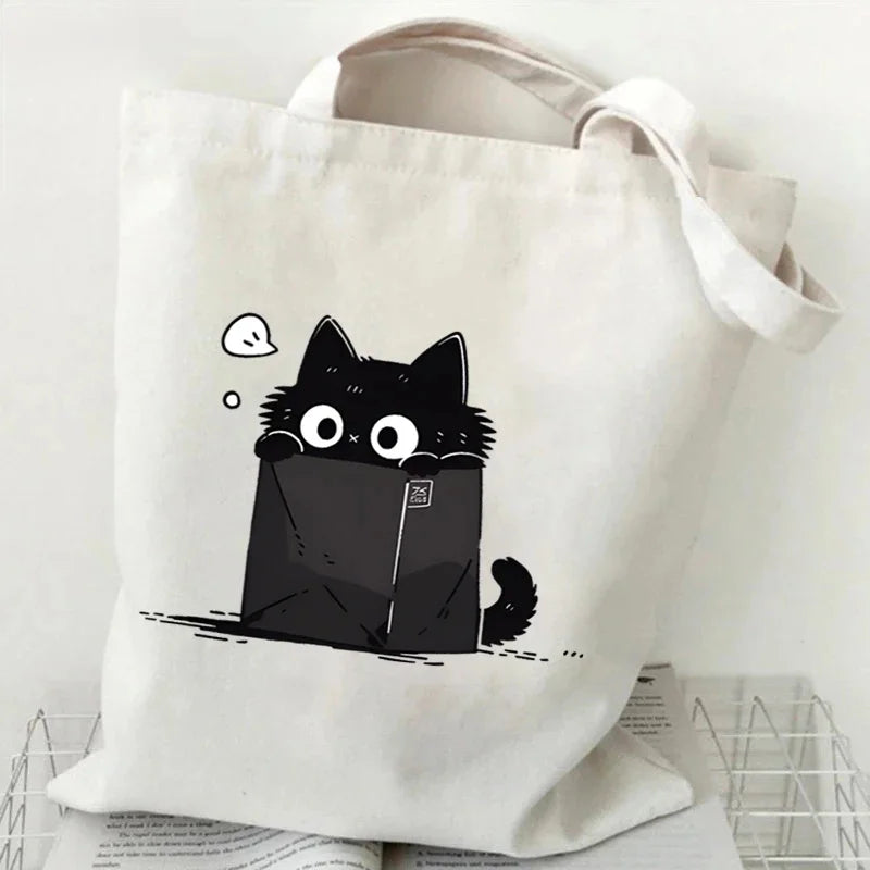 Kawaii Black Cat Graphic Tote Bag