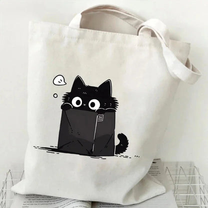 Kawaii Black Cat Graphic Tote Bag