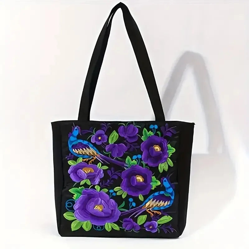 Flower Embroidery Canvas Tote Bag