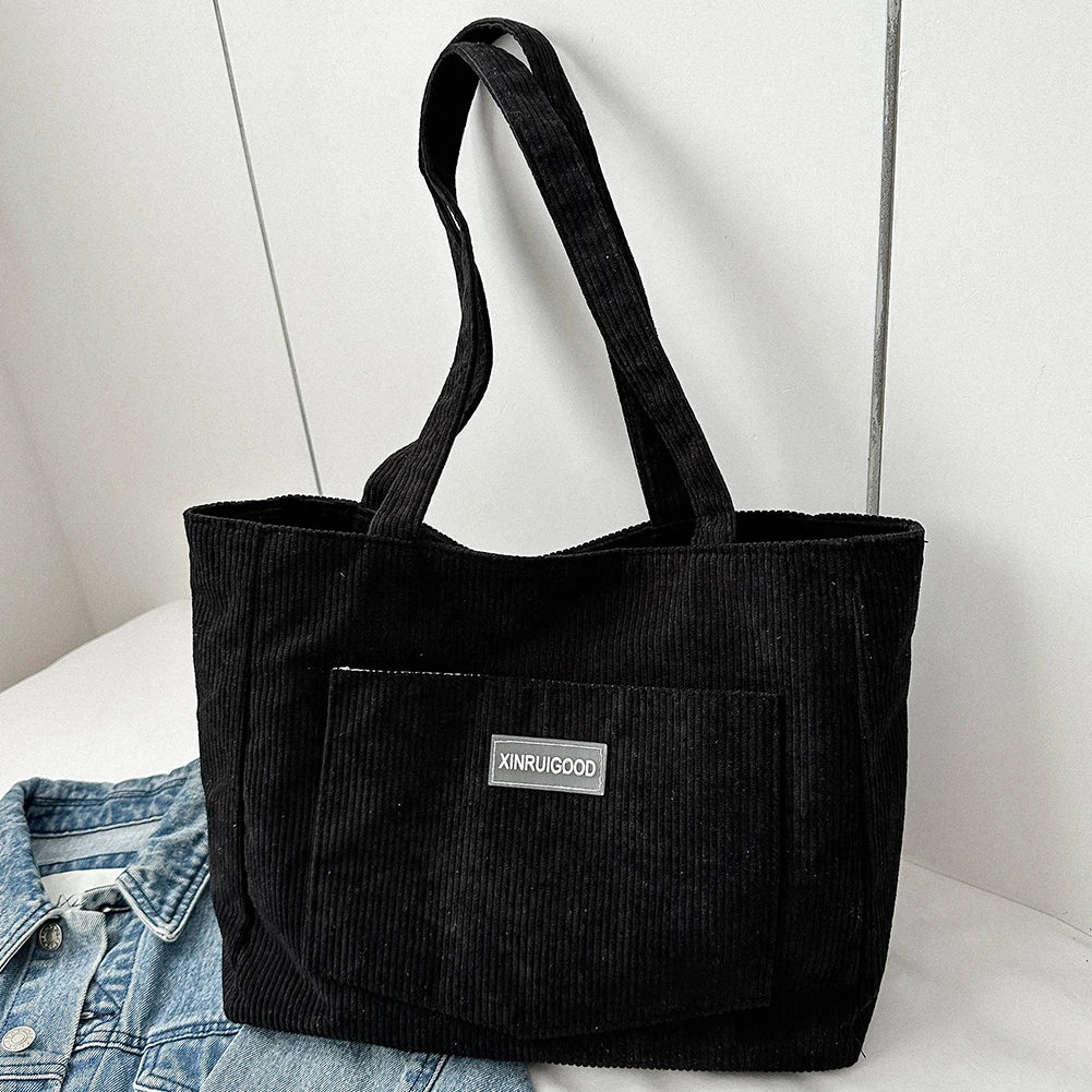 Corduroy Tote Bag with Pockets
