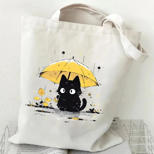 Kawaii Black Cat Graphic Tote Bag
