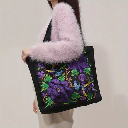 Flower Embroidery Canvas Tote Bag