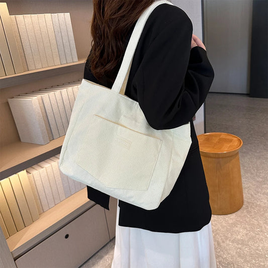 Corduroy Tote Bag with Pockets