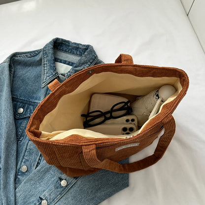Corduroy Tote Bag with Pockets