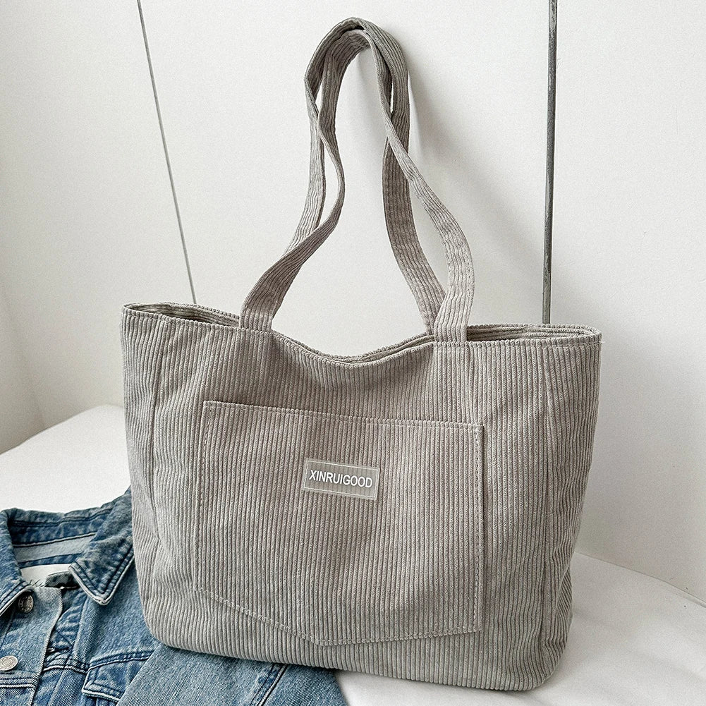 Corduroy Tote Bag with Pockets