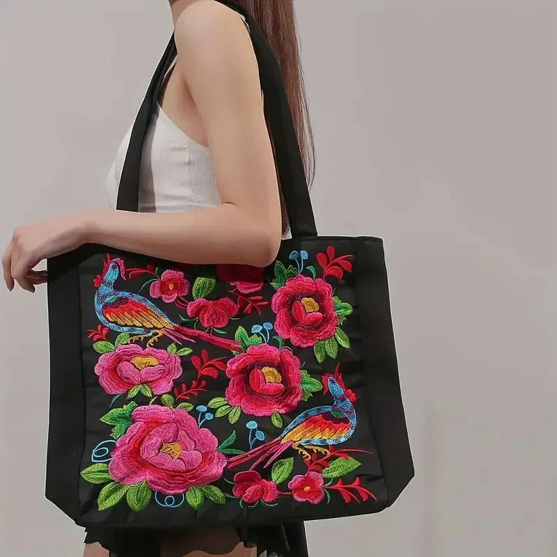 Flower Embroidery Canvas Tote Bag