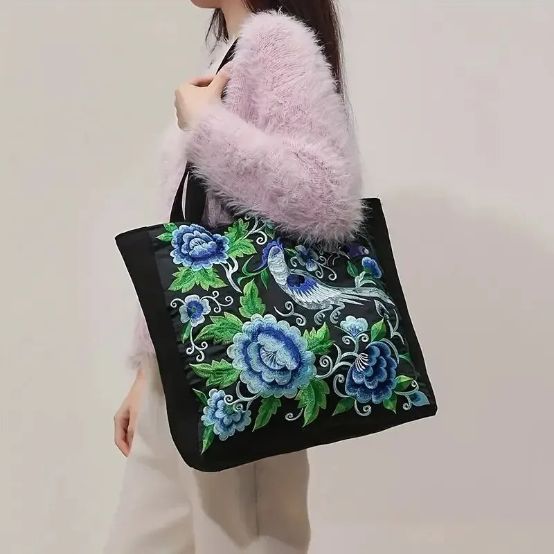 Flower Embroidery Canvas Tote Bag