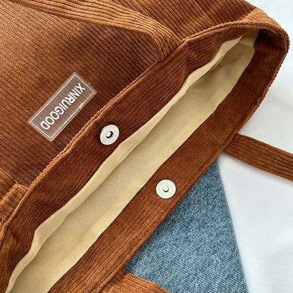 Corduroy Tote Bag with Pockets